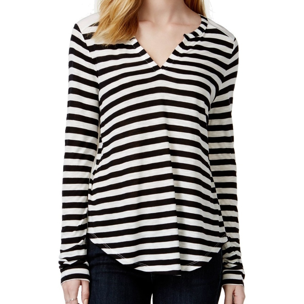Maison Jules Striped Split Neck Top XS Black White